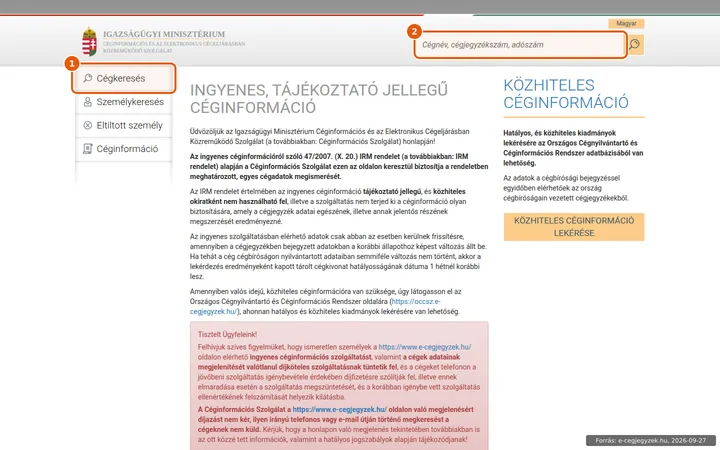 Az e-cegjegyzek.hu kezdőoldala, kiemelve a Cégkeresés menüpont és a gyorskereső