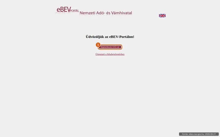 Az eBEV elektronikus adóbevallás portál kezdőoldala, kiemelve a Bejelentkezés KAÜ-vel gomb
