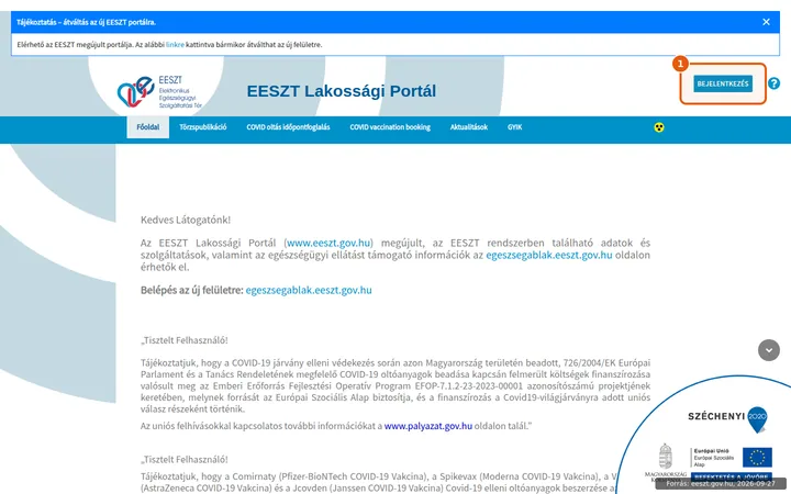 A régi EESZT Lakossági Portál nyitóoldala, kiemelve a Bejelentkezés gomb