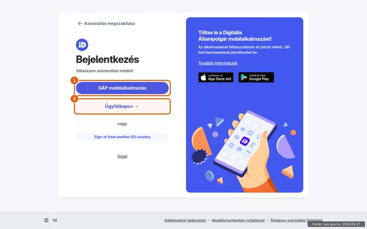 A Központi Azonosítási Ügynök bejelentkezési oldala a JSZP megnyitása után, DÁP és Ügyfélkapu+ lehetőséggel
