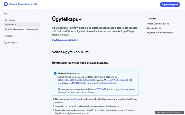 A Központi Azonosítási Ügynök súgóoldala az Ügyfélkapu+-ra váltásról
