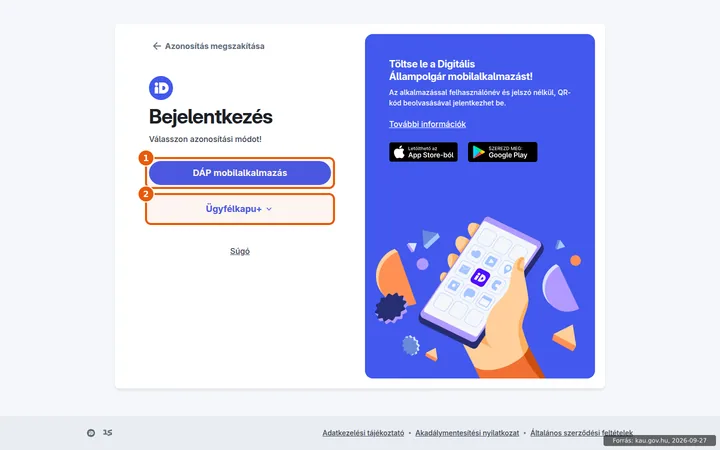 A Központi Azonosítási Ügynök bejelentkezési oldala a NAV Vállalkozói Ügysegéd megnyitása után